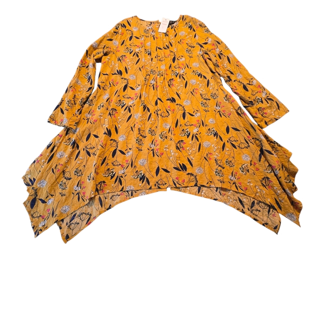 NWT Gracila Yellow Gold Print Button Back Tunic Top Or Short Dress Size 3X E44